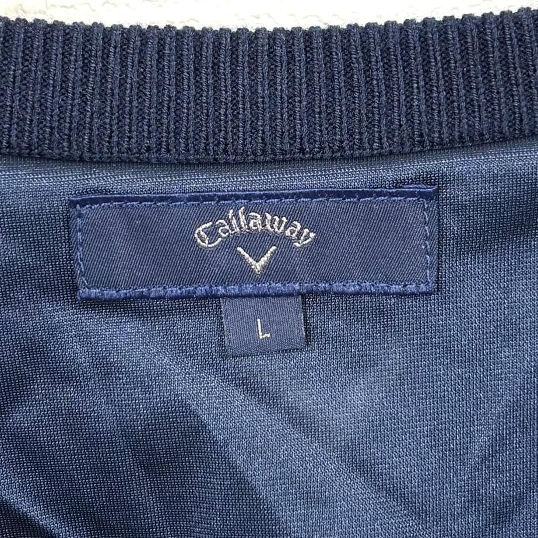 美品】 callaway Vネック長袖ニット L ネイビー 胸元ロゴ刺繍 総柄