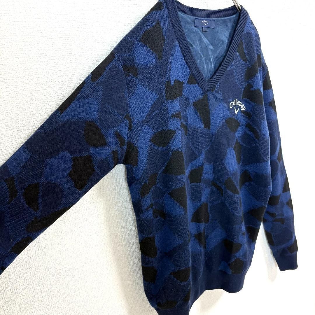美品】 callaway Vネック長袖ニット L ネイビー 胸元ロゴ刺繍 総柄