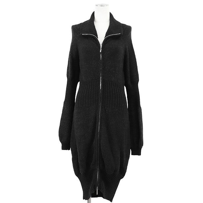 CHANEL シャネル 08A P33445 ニットワンピース シグネチャー ロゴ COCOマーク ジップアップ カシミヤ × アルパカ ロングスリーブ 長袖 ロングカーディガン ニットコート ドレス レディース サイズ 42 チャコール イタリア製