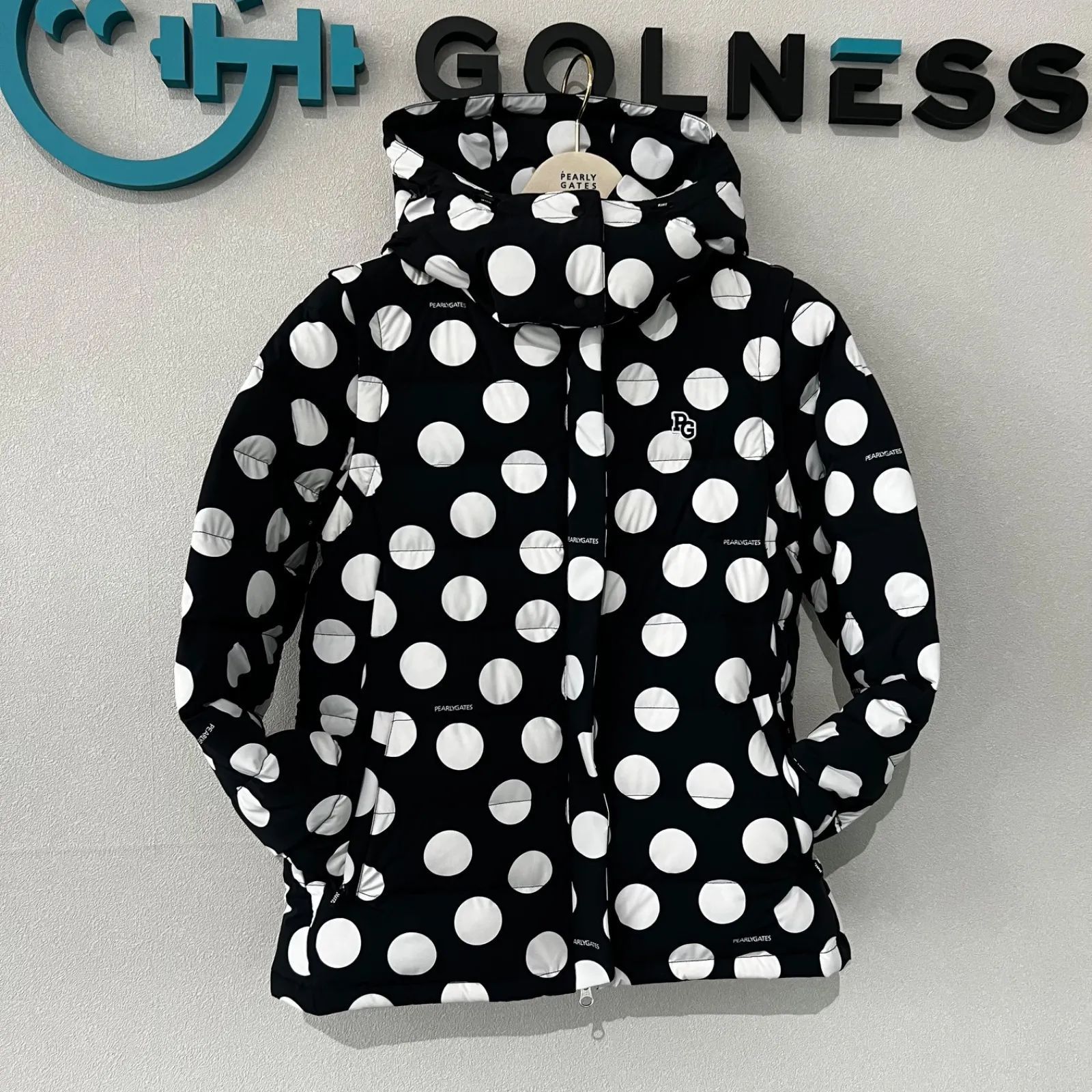 PEARLY GATES NYストレッチタフタフーディダウンジャケット ランダムドット柄 サイズ2 L