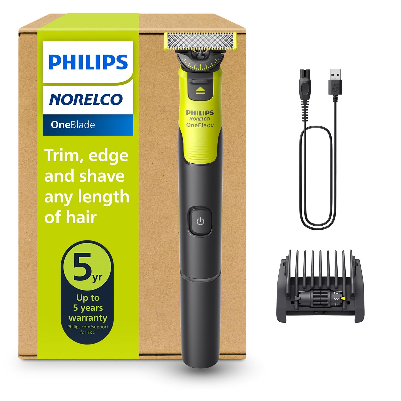 Norelco Philips OneBlade 360 接続ハイブリッドフェイス 電動ひげトリマー シェーバー 360ブレードテック-1時間高速充電 1x360ブレード 5イン1コーム QP4530 90