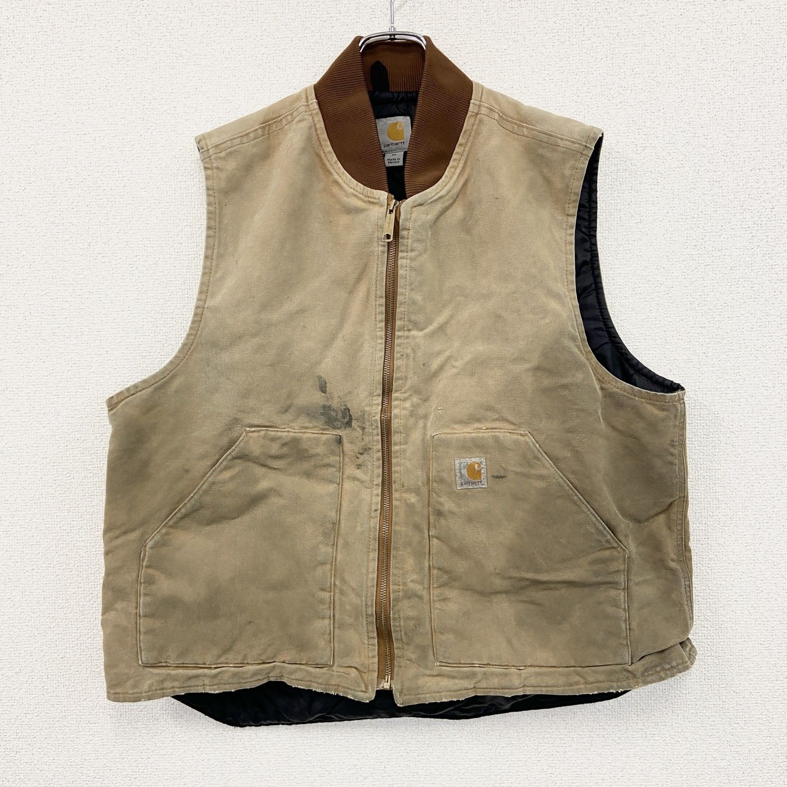 古着 Carhartt カーハート フルジップダックベスト キルティングライナー 中綿入り ベージュ XLサイズ