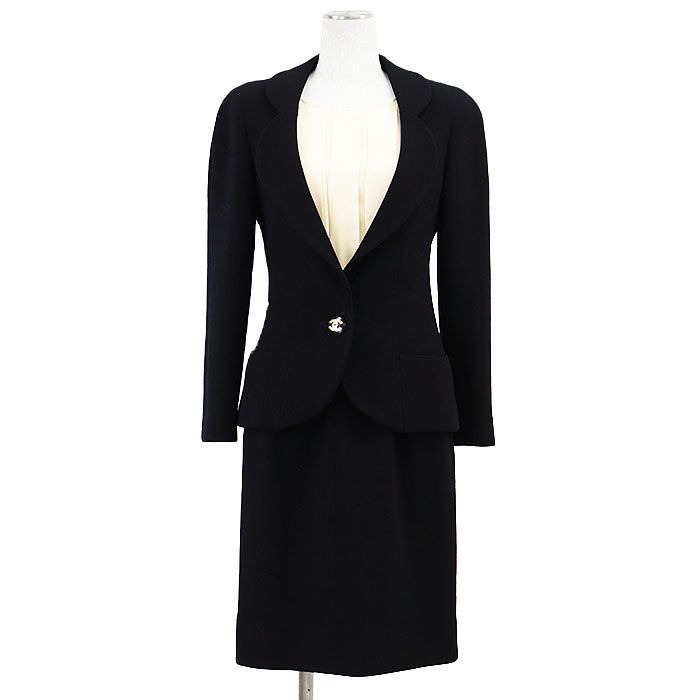 CHANEL BOUTIQUE シャネル ブティック セットアップ 28939 ジャケット × ワンピース COCOマーク ロゴ ボタン 1B ウール プリーツ シルク × ウール 切り替え レディース 36 ブラック ベージュ 黒 フランス製