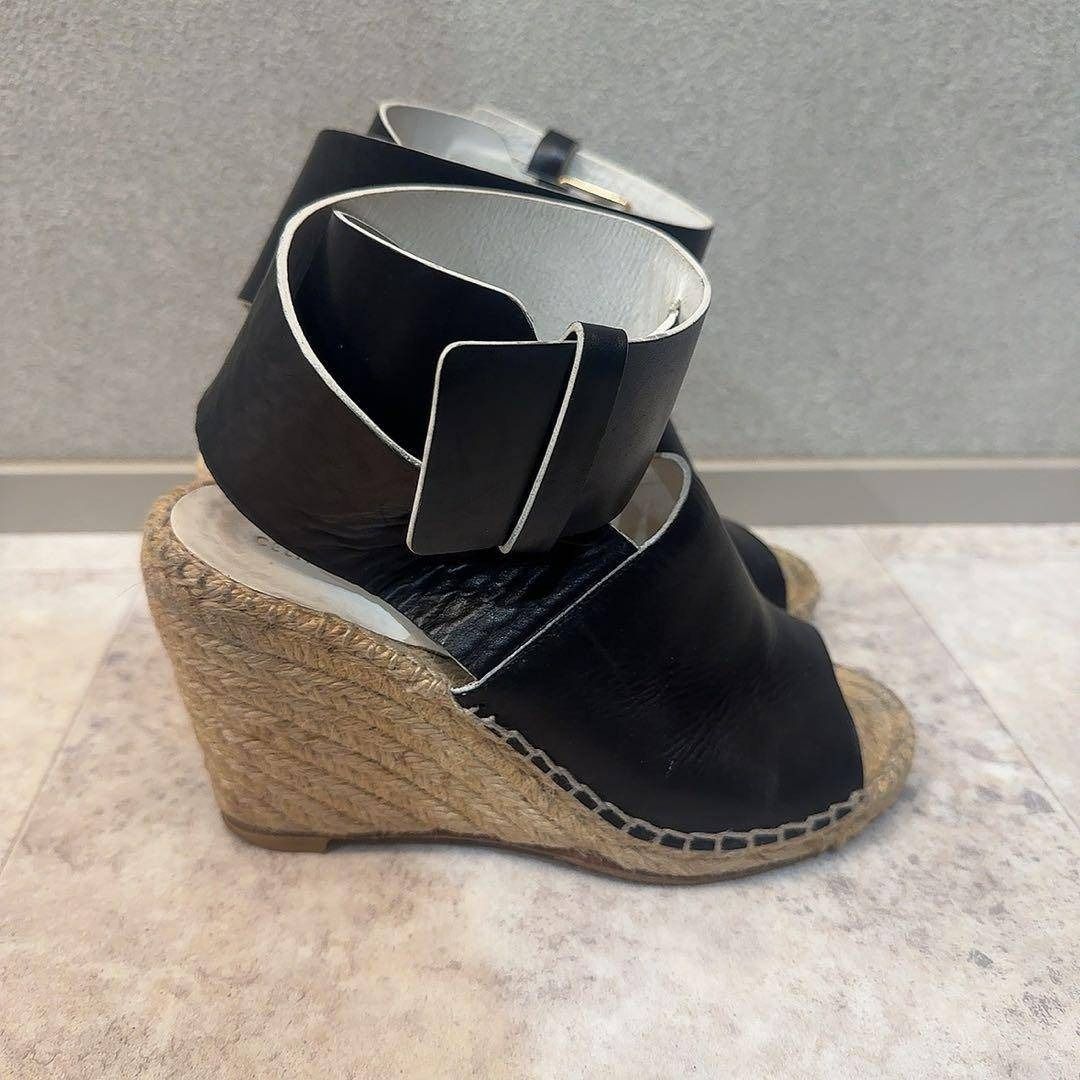 CELINE ブラックレザーオープントゥウェッジエスパドリーユサンダル