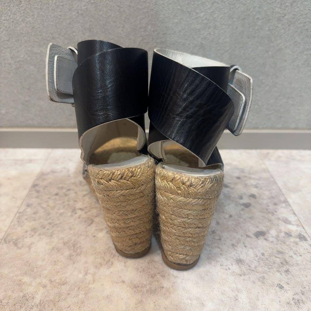 CELINE ブラックレザーオープントゥウェッジエスパドリーユサンダル