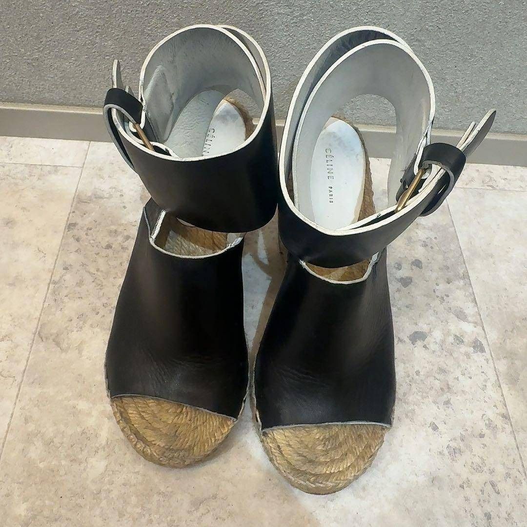 CELINE ブラックレザーオープントゥウェッジエスパドリーユサンダル 22.5