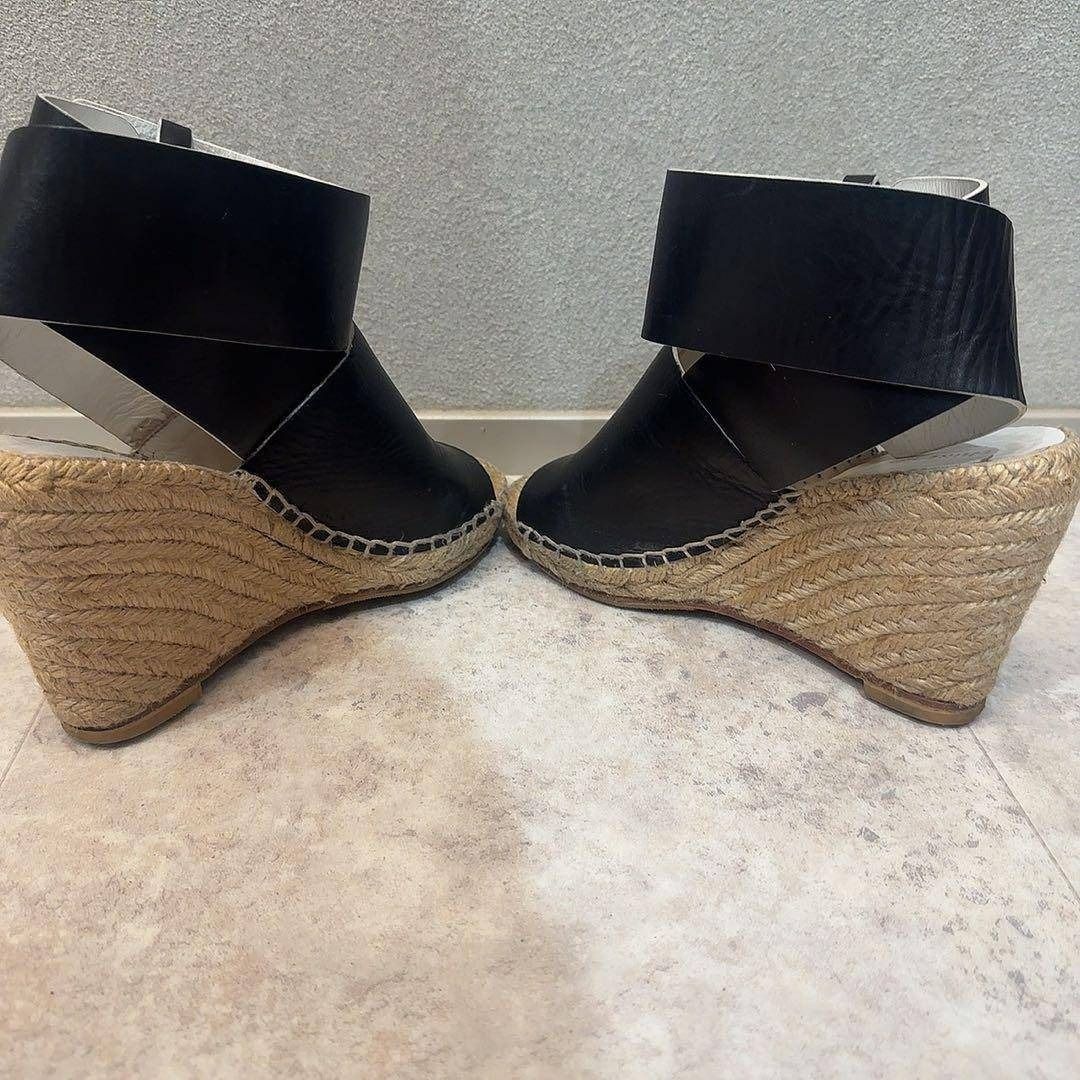 CELINE ブラックレザーオープントゥウェッジエスパドリーユサンダル