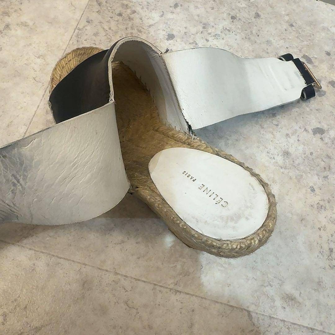 ブラックレザーオープントゥウェッジエスパドリーユサンダル 22.5