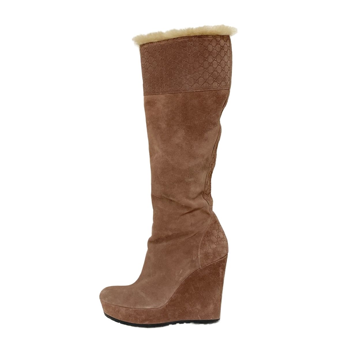 GUCCI グッチ ロングブーツ 371 2 レディース - 296265 ブラウン ウェッジソール マイクログッチシマ ムートン