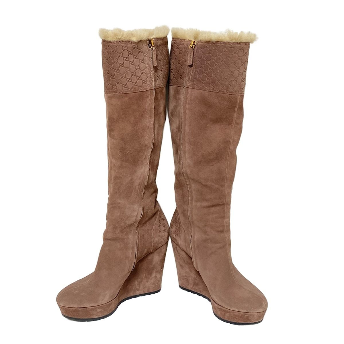 GUCCI グッチ ロングブーツ 371 2 レディース - 296265 ブラウン ウェッジソール マイクログッチシマ ムートン
