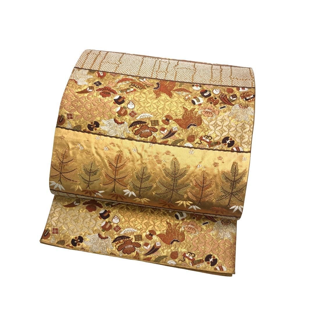 袋帯 西陣 河合美術織物 豊明錦 宝尽くし 松竹梅 金糸 金色 O-5656