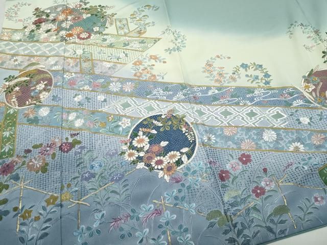 平和屋着物●中国三大刺繍　スワトウ刺繍　総刺繍　訪問着　吉祥草花文　暈し染め　金糸　ロング丈　正絹　逸品　CAAZ1190vf 平和屋着物○中国三大刺繍 スワトウ刺繍 総刺繍 訪問着 吉祥草花文 暈