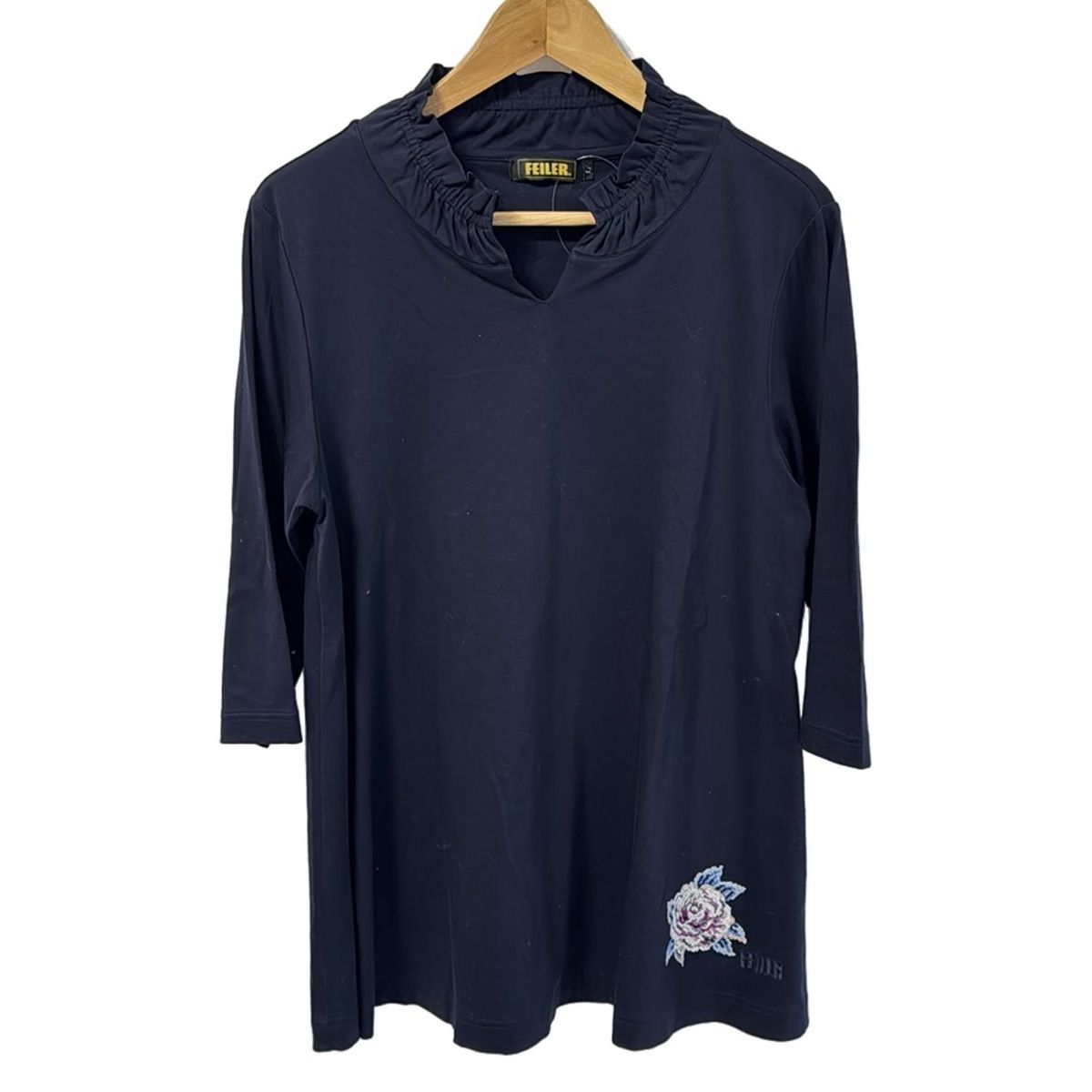 FEILER フェイラー チュニック サイズL レディース - ネイビー 七分袖 フラワー 花 刺繍 フリル