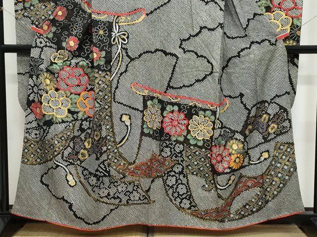 平和屋着物●豪華振袖　総絞り　几帳花文　黒地　金彩　正絹　逸品　CAAZ8007vf 平和屋着物○豪華振袖 総絞り 几帳花文 黒地 金彩 正絹 逸品 CAAZ8007vf