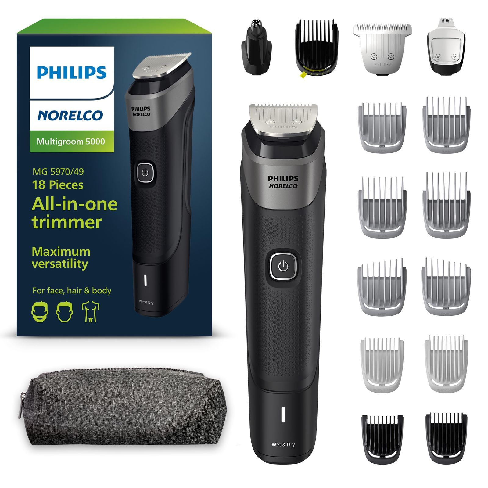 Philips Norelco Multigroom Series 5000, All-in-One Trimmer and Hair Clipper, 18-Piece Men's Grooming Kit for Beard, Face, Nose, E
