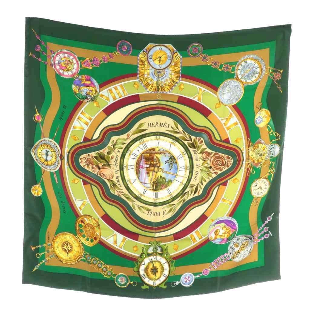 エルメス HERMES カレ90 parmi les fleurs je compte les heures 花の中で過ごす時間 スカーフ 絹 シルク 大判 総柄 ロゴ 緑 グリーン XZ OH GY19