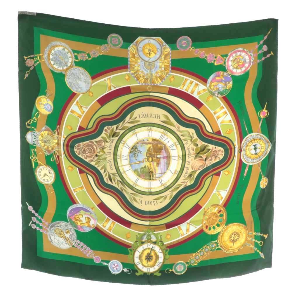 エルメス HERMES カレ90 parmi les fleurs je compte heures 花の中で過ごす時間 スカーフ 絹 シルク 大判 総柄 ロゴ 緑 グリーン XZ OH GY 19