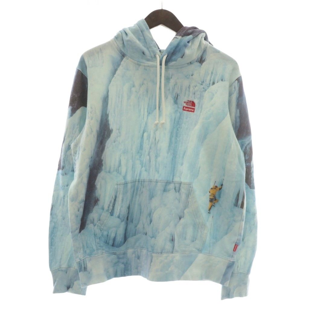 ザノースフェイス THE NORTH FACE × シュプリーム Supreme 21SS ICE CLIMB HOODED SWEAT パーカー スウェット 長袖 裏起毛 プルオーバー 総柄 ロゴ 刺繍 S 青 ブルー NT12100I XZ GY019