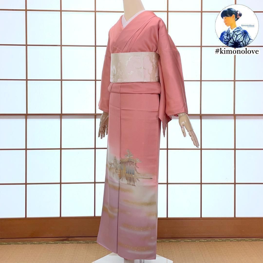 付下げ着物 正絹 金彩 御所車 濃い桃色から薄紫のグラデーション 着物 kimonolove 新古品 オゾン消臭サービス A-1677