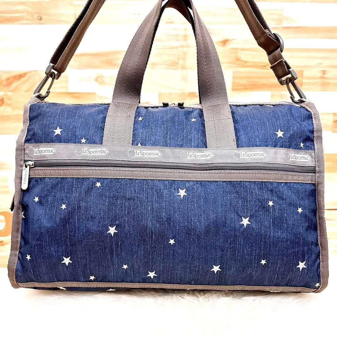 レスポートサック デニム調 2wayボストンバッグ 星スター 刺繍 紺×茶 ネイビー 総柄 ショルダーバッグ 軽量 ナイロン