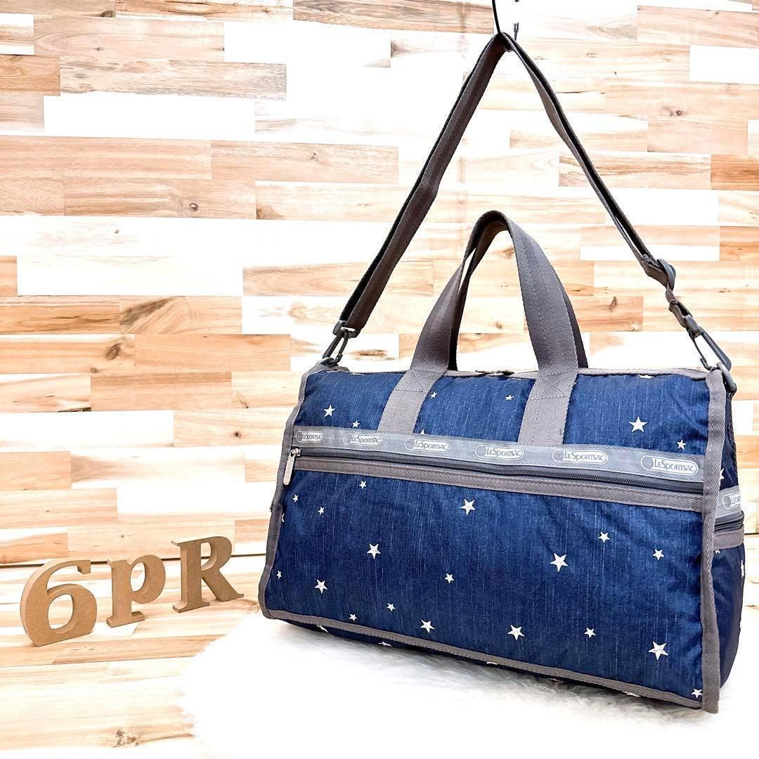 レスポートサック デニム調 2wayボストンバッグ 星スター 刺繍 紺×茶 ネイビー 総柄 ショルダーバッグ 軽量 ナイロン