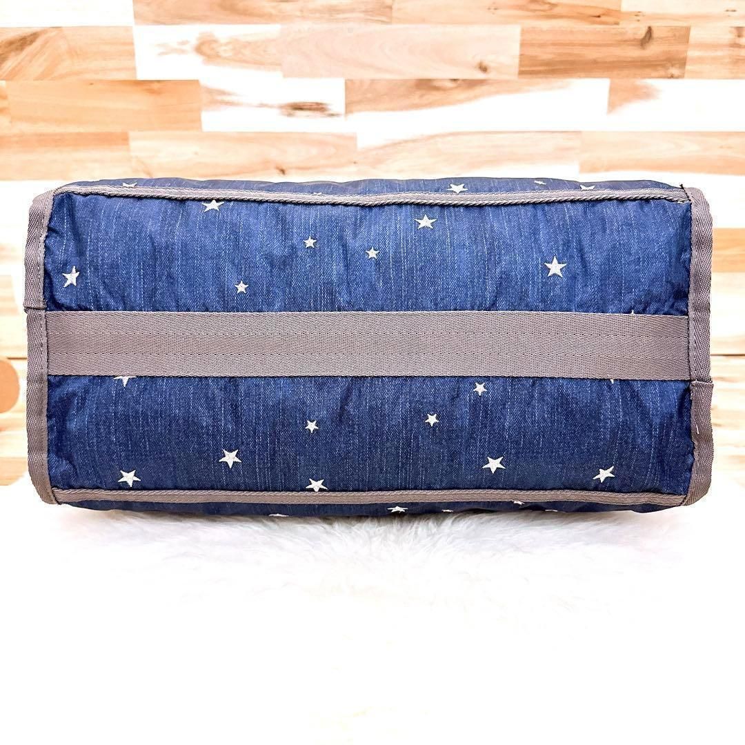 レスポートサック デニム調 2wayボストンバッグ 星スター 刺繍 紺×茶 ネイビー 総柄 ショルダーバッグ 軽量 ナイロン DECORATOM_COM_BR