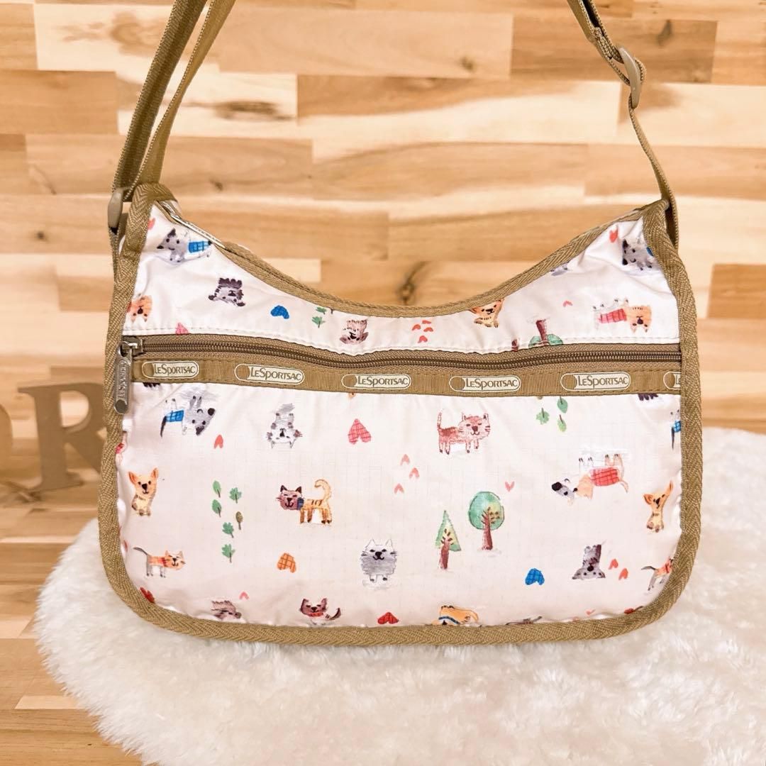 レスポートサック ほっこり 犬 猫 アニマル柄 ショルダーバッグ アイボリー キャット ネコ ドッグ アート ハート 総柄 軽量