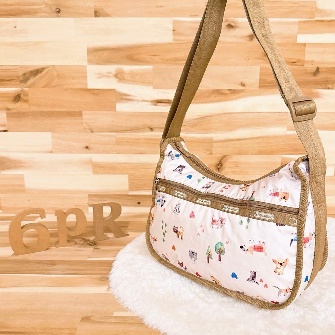 レスポートサック ほっこり 犬 猫 アニマル柄 ショルダーバッグ アイボリー キャット ネコ ドッグ アート ハート 総柄 軽量