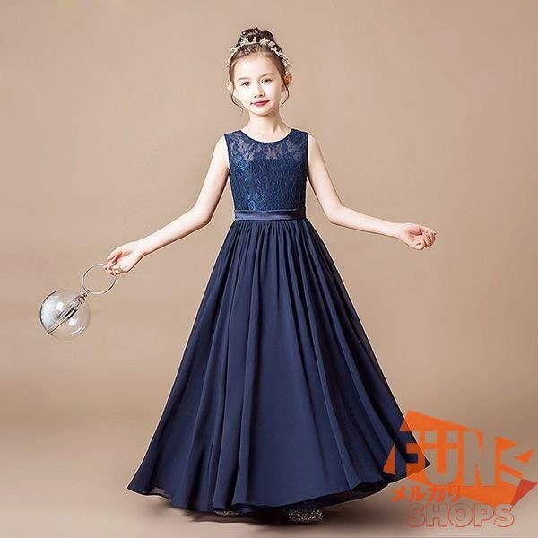 ピアノ発表会 ドレス 中学生 ネイビードレス キッズドレス シフォン レース ノースリーブ ロング丈 ファスナー ワンピース シンプル バイオリン1028