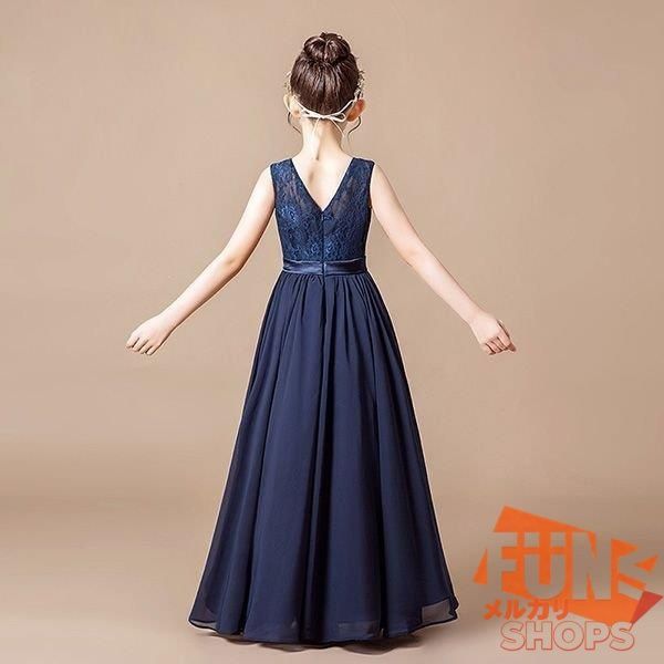  ピアノ発表会 ドレス 中学生 ネイビードレス キッズドレス シフォン レース ノースリーブ ロング丈 ファスナー ワンピース シンプル バイオリン1028 ドレス フォーマル ドレス スーツ