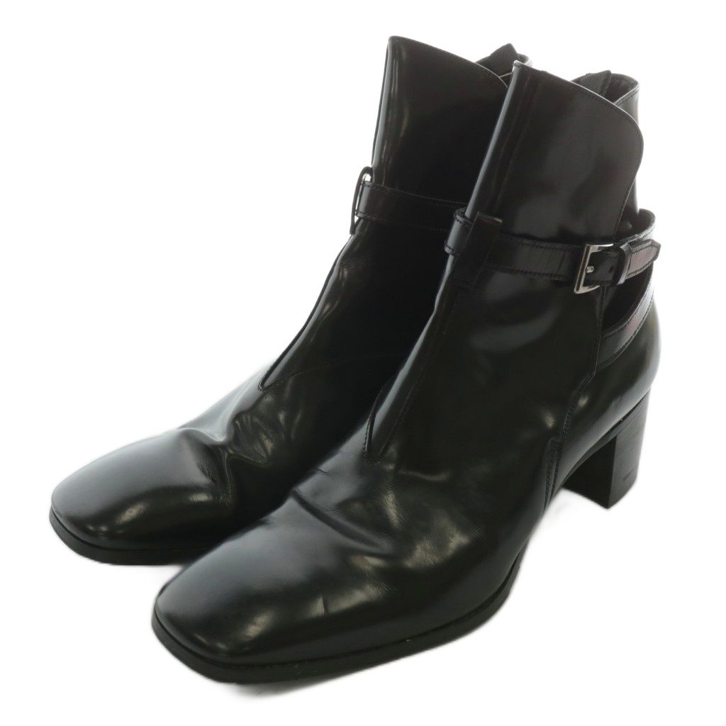 プラダ PRADA ショートブーツ レザー スクエアトゥ ベルト 6.5 25.5cm 黒 ブラック XZ GY19