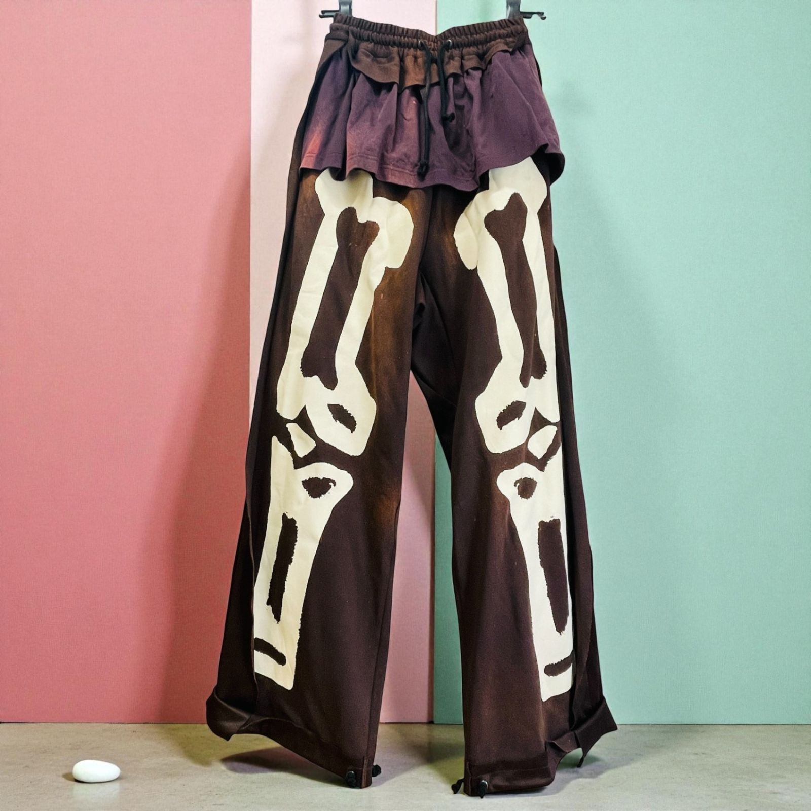 サンクアンズ SANKUANZ 23SS スケルトンプリントデコンストラクテッドスウェットパンツ イージー 茶 ブラウン S