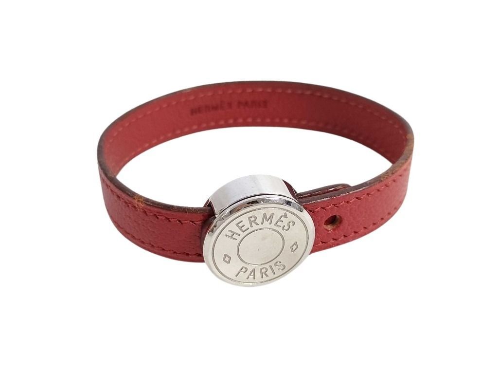 HERMES エルメス ブレスレット セリエ ルーピング レッド系 ブラック系 レザー レディース シルバー金具