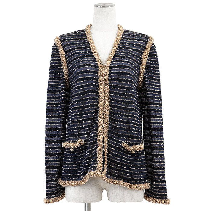 CHANEL シャネル カーディガン ニット ツイード P50939 2014-15年製 クリスタルボタン ゴールドパール ボーダー ジャケット レディース サイズ 42 ネイビー ゴールド 紺 金 イタリア製 カール ラガーフェルド期