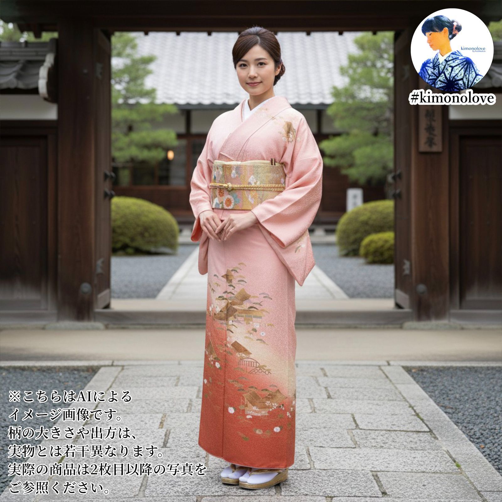 付下げ着物 正絹 金彩 屋敷風景柄 渋い桃色 着物 kimonolove 新古品 オゾン消臭サービス A-1679