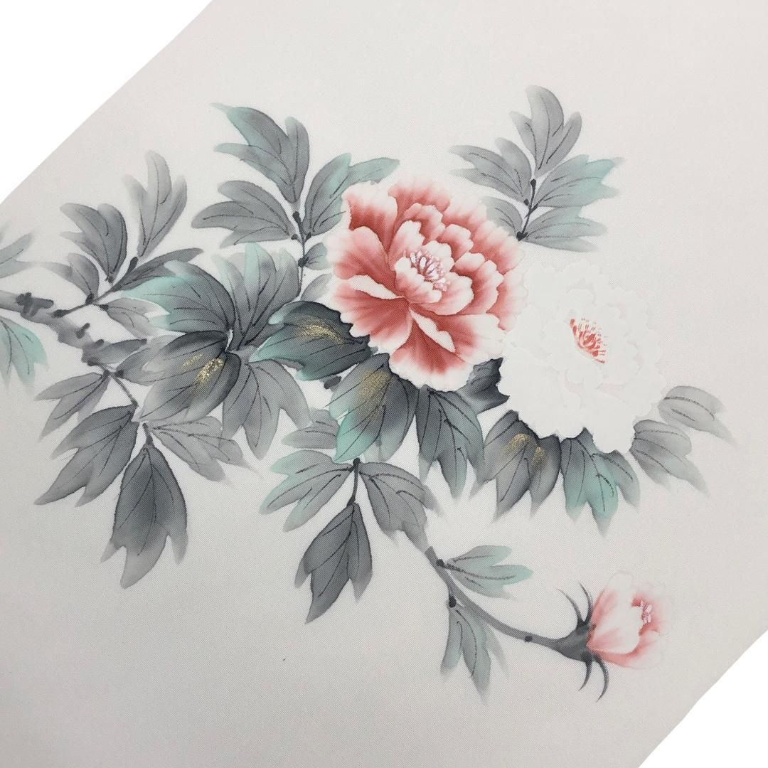 名古屋帯 作家物 塩瀬 手描き 花模様 金彩 乳白色 O-5640