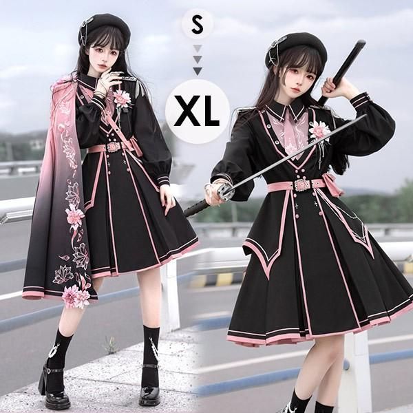 ミニロリ 軍服ロリータ ゴスロリ フルセット ワンピース 長袖あり 肩章 桜柄 大正風 ペリースマント 片掛全掛マント ミリタリーロリィタ ブラック