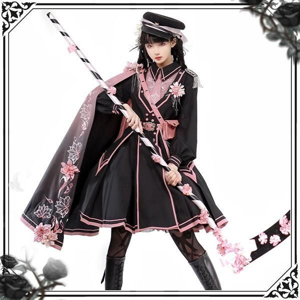 ミニロリ 軍服ロリータ ゴスロリ フルセット ワンピース 長袖あり 肩章 桜柄 大正風 ペリースマント 片掛全掛マント ミリタリーロリィタ ブラック