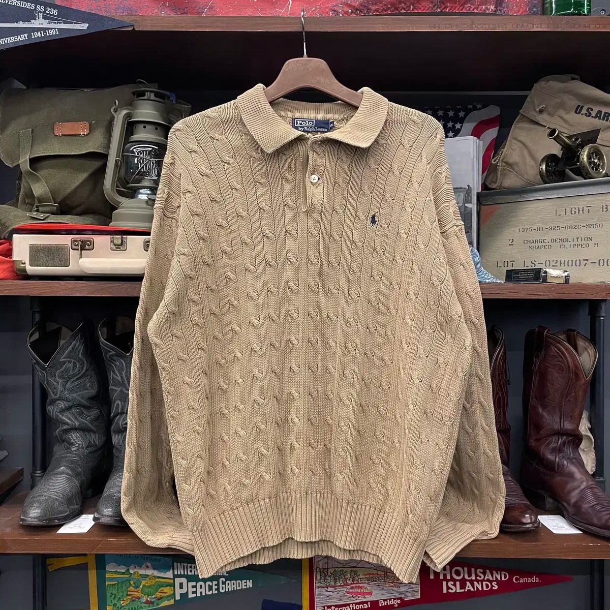 90s ポロラルフローレン PKカラ フールオーバー ケーブル編みニットセーター