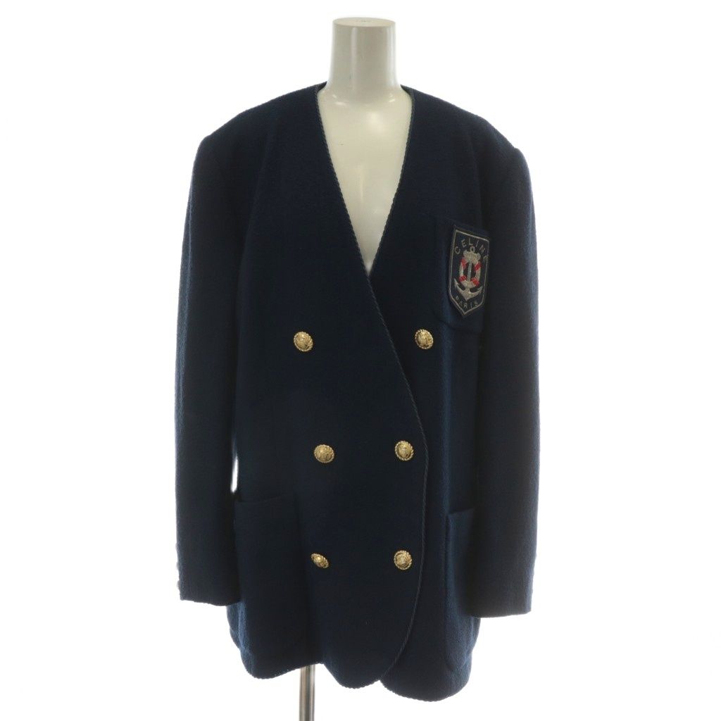セリーヌ CELINE ヴィンテージ ノー ジャケット アウター ダブル ロゴ 刺繍 ワッペン 金ボタン 44 紺 ネイビー XZ GY19