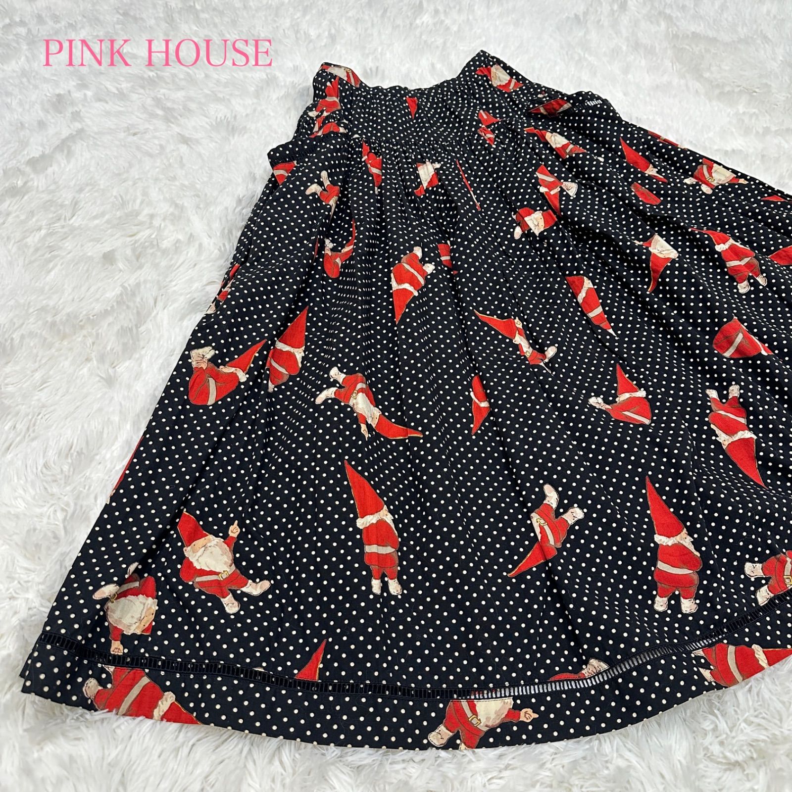 PINKHOUSE クリスマス サンタ ドット 水玉総柄 ロング丈 スカート ブラック 黒