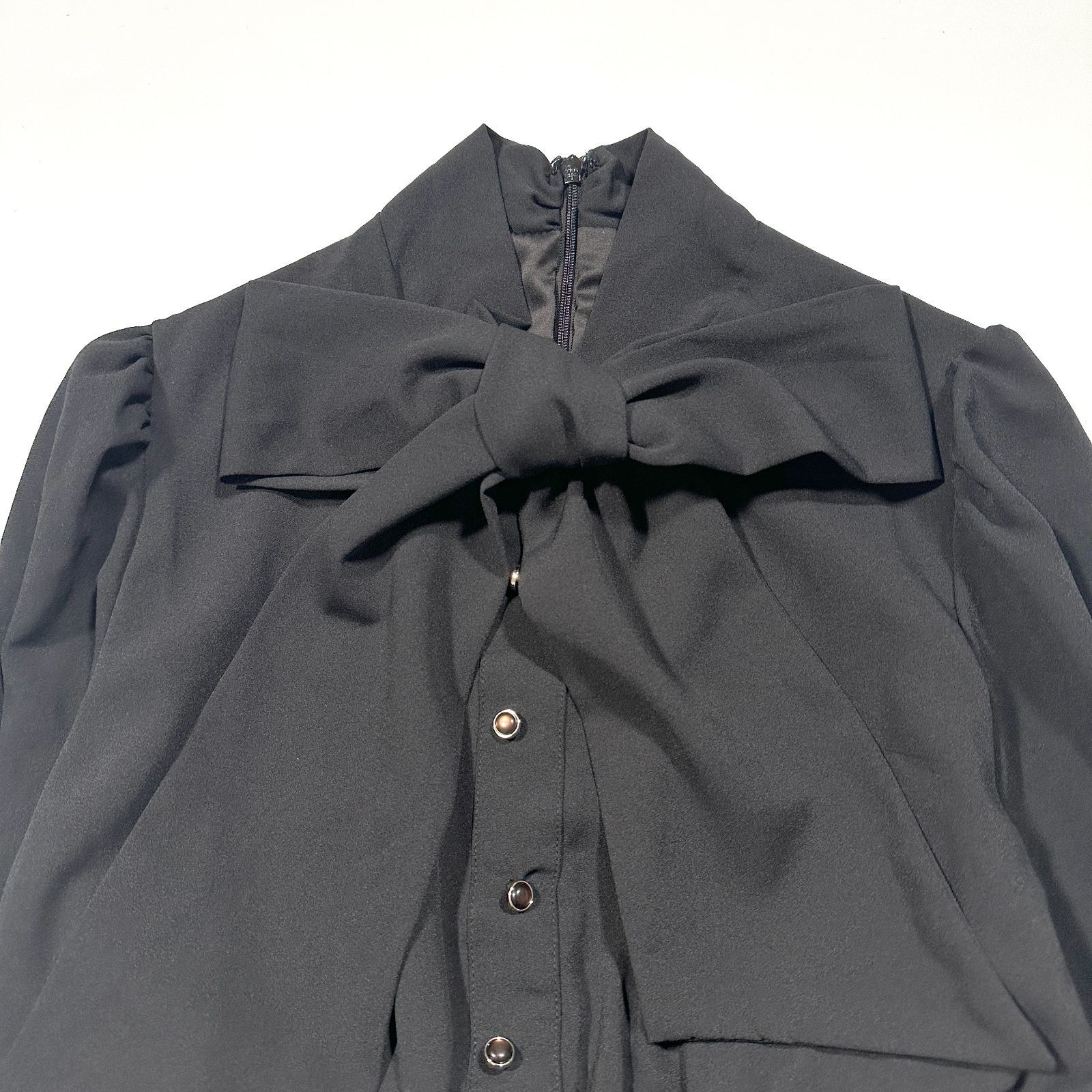 EmiriaWiz エミリアウィズ 切替え ワンピース ツイード チェック ボウタイ 金ボタン フリンジ ブラック ネイビー S