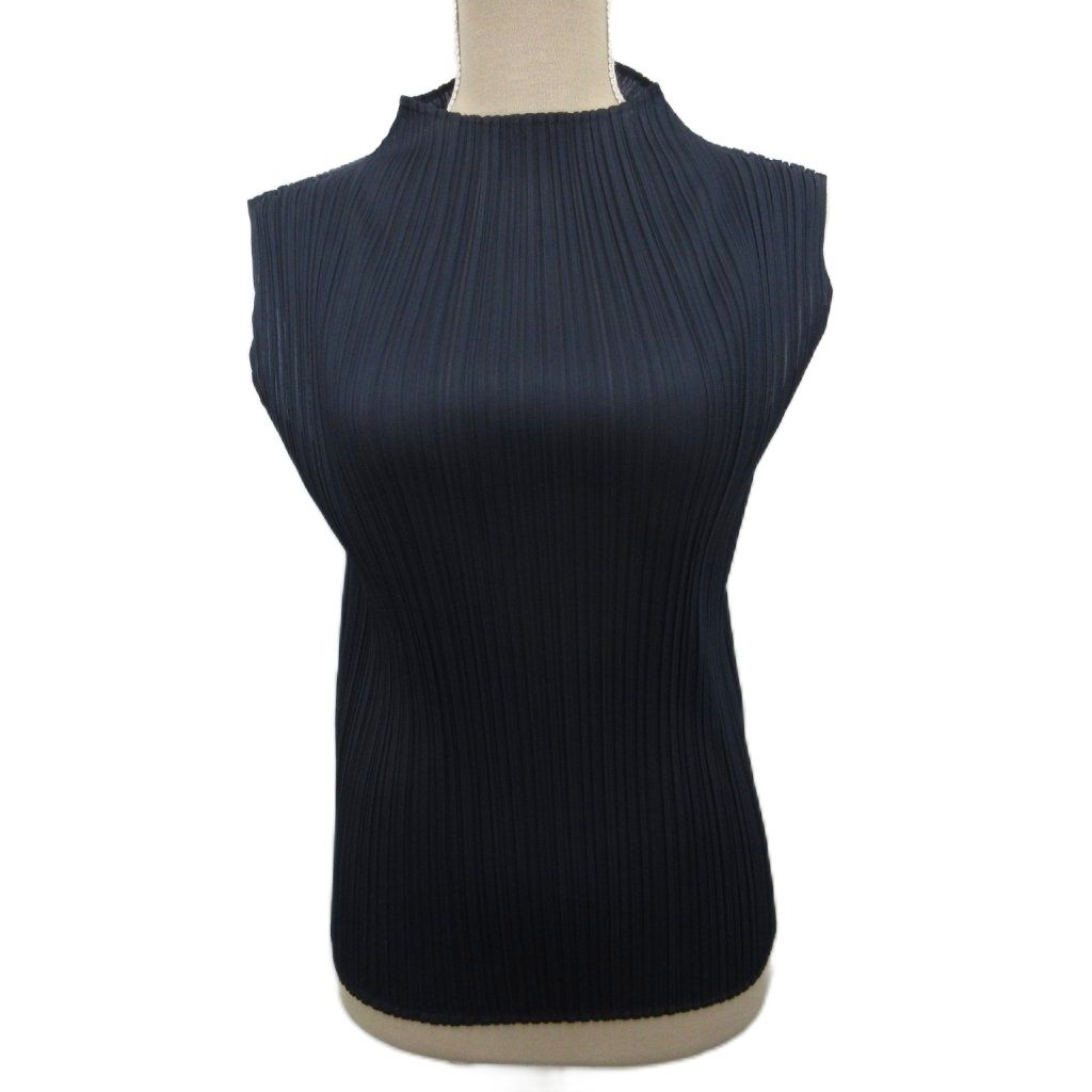 プリーツプリーズ PLEATS PLEASE NEW COLORFUL BASICS 4 プリーツカットソー ノースリーブ モックネック 3 L 紺 ネイビー PP05JK402