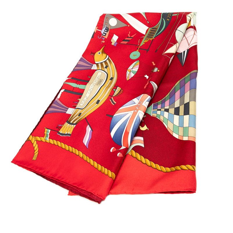 エルメス カレ90 LES FOLIES DU CIEL 大空の狂気 ワインレッド ゴールド マルチ シルク レディース HERMES 1 0238102