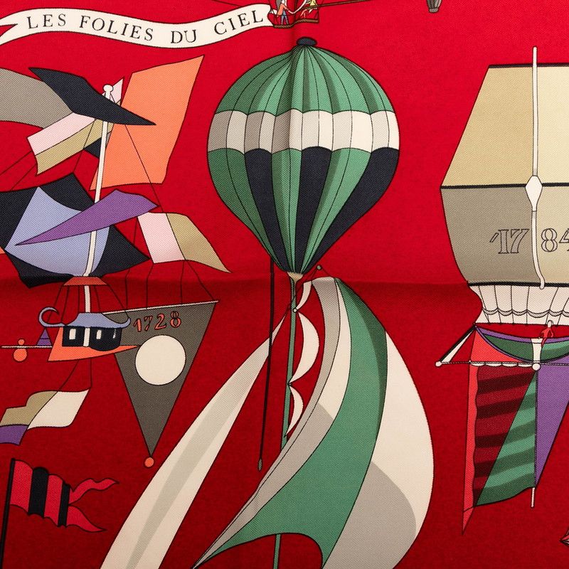 エルメス カレ90 LES FOLIES DU CIEL 大空の狂気 ワインレッド ゴールド マルチ シルク レディース HERMES 1-0238102