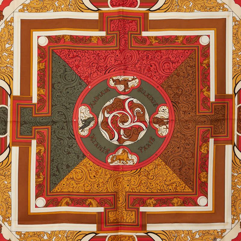 エルメス カレ90 ANIMAUX SOLAIRES 太陽の動物たち ブラウン マルチ シルク レディース HERMES 1-0239220