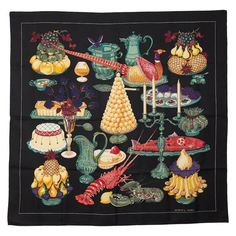 エルメス カレ90 晩餐 食卓 ロブスター ブラック マルチ シルク レディース HERMES 1-0239851