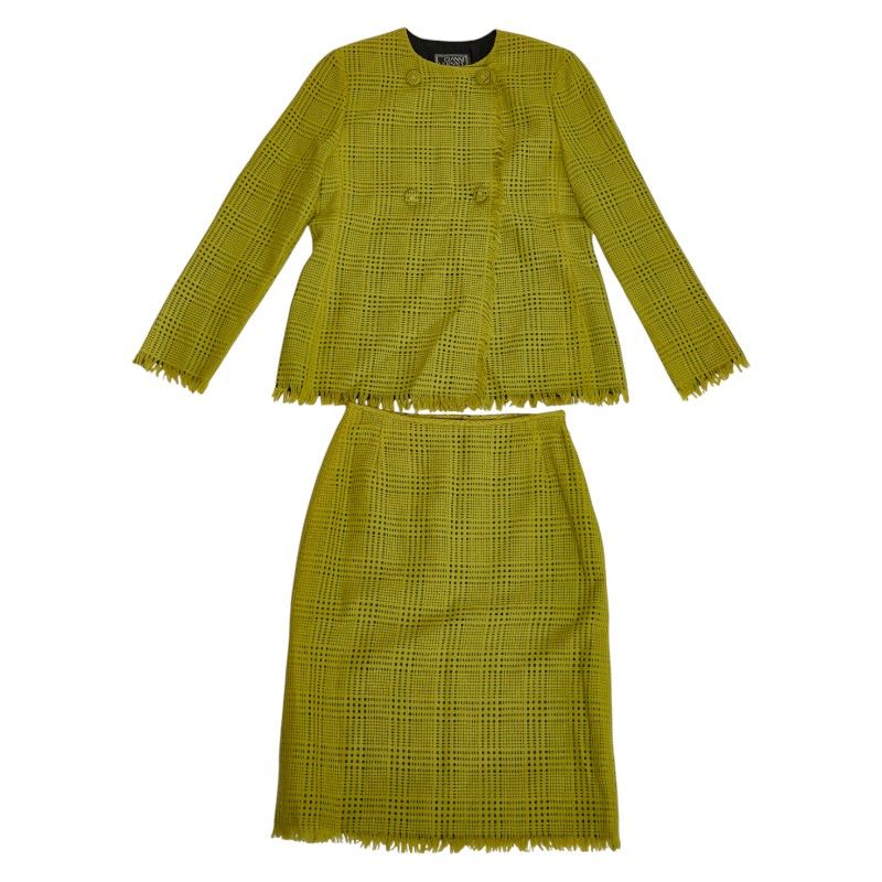 ヴェルサーチェ スカートスーツ セットアップ サイズ 40 イエロー ブラック ウール アンゴラ レディース VERSACE 1-0240186