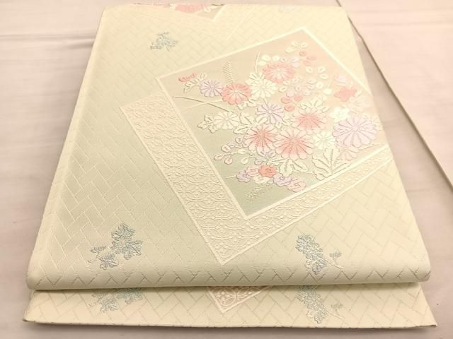 平和屋着物◎六通柄袋帯 唐織 色紙花文 銀糸 正絹 逸品 未使用