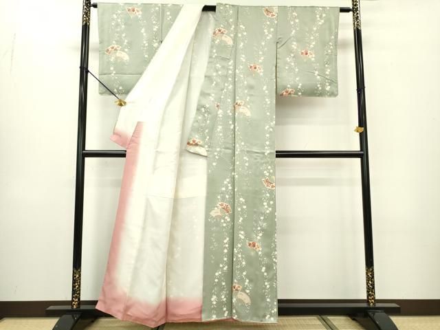 平和屋着物▽上質な小紋 刺繍 扇面花文 金彩 正絹 逸品